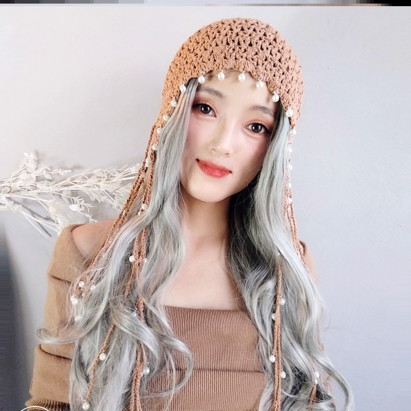 异域珍珠流苏帽子子女春夏手工时尚镂空棉线帽子