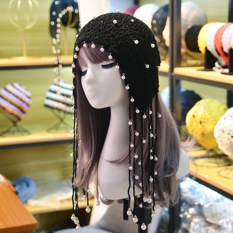 异域珍珠流苏帽子春夏名族手工钩花公主镂空帽子