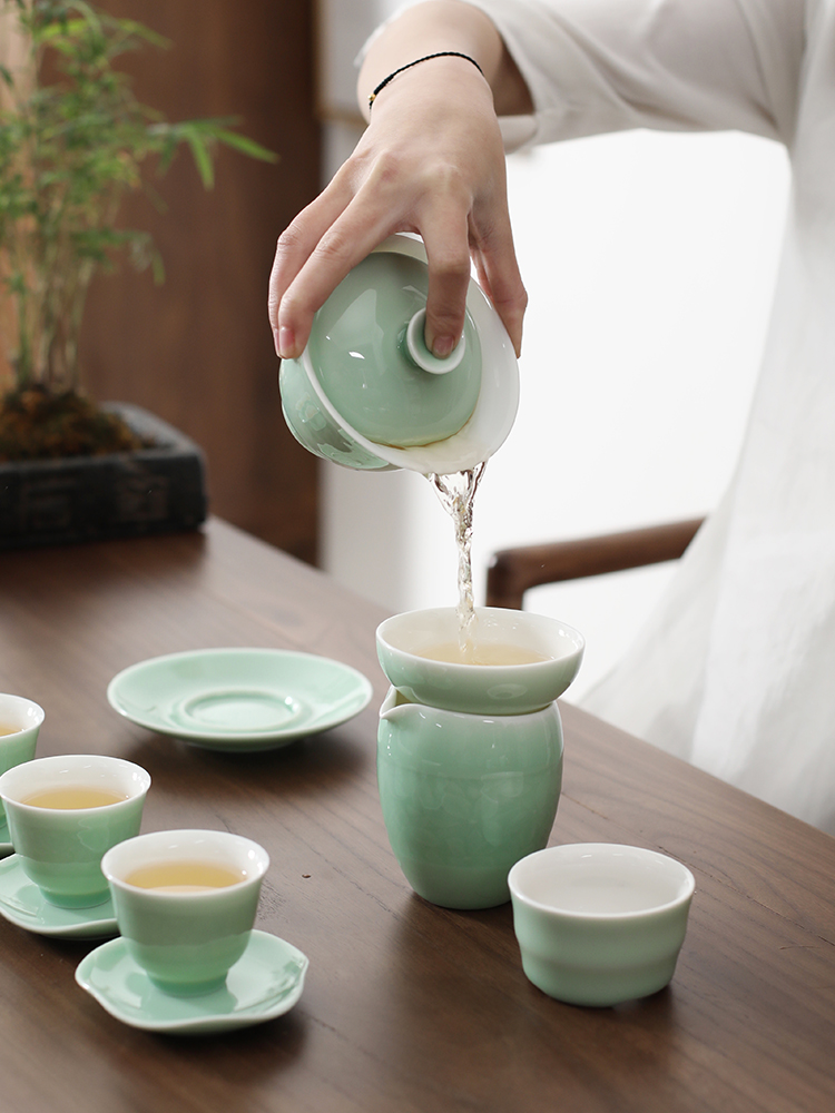 青瓷盖碗烫手泡茶单个茶杯盖碗茶三才三泡白瓷盖碗