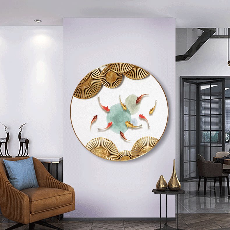 圆形九鱼装饰画客厅进门玄关轻奢墙上挂画餐厅现代装饰画