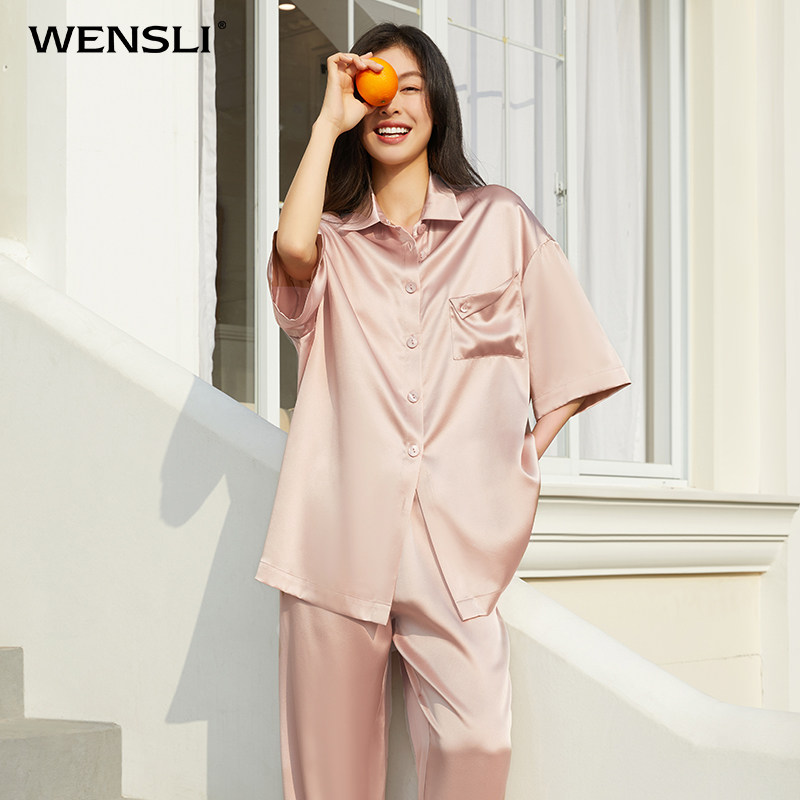 wensli万事利真丝睡衣100桑蚕蚕丝短袖套装家居服睡衣