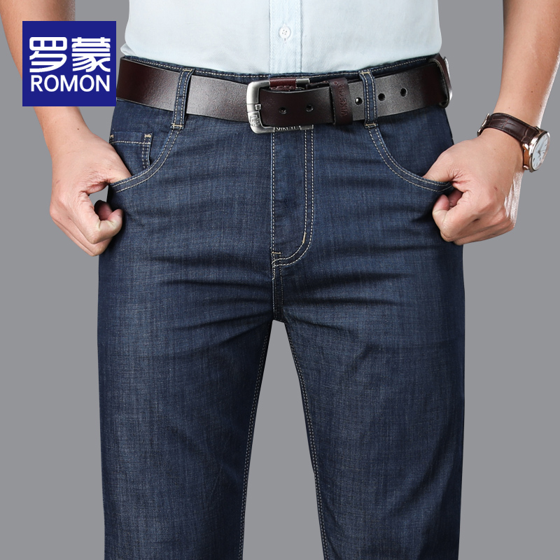 罗蒙牛仔裤男夏季薄款中老年男士休闲冰丝直筒弹力商务男裤长裤子