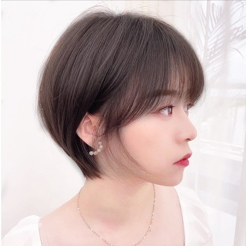 短发假发头套女真真人发丝自然时尚波波圆脸日常整顶假发