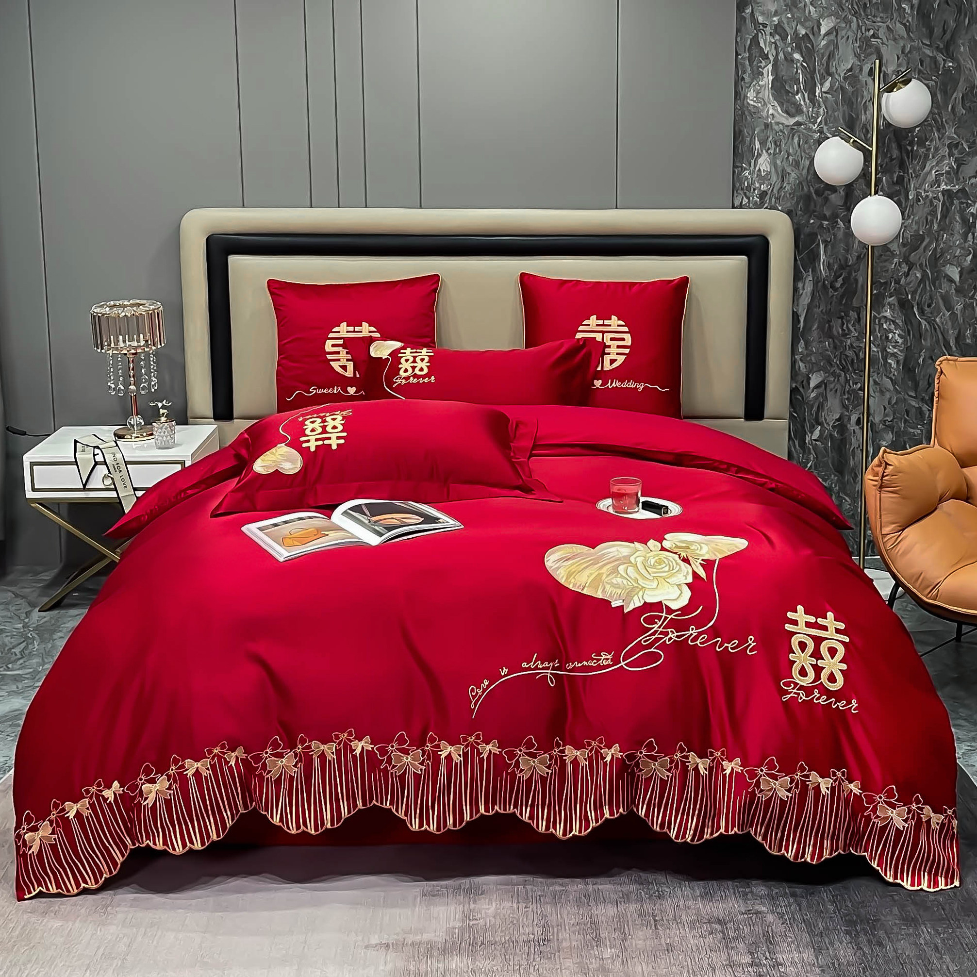 100支大红床上用品婚礼新婚礼红色全棉房喜结婚纯棉婚庆床品套件