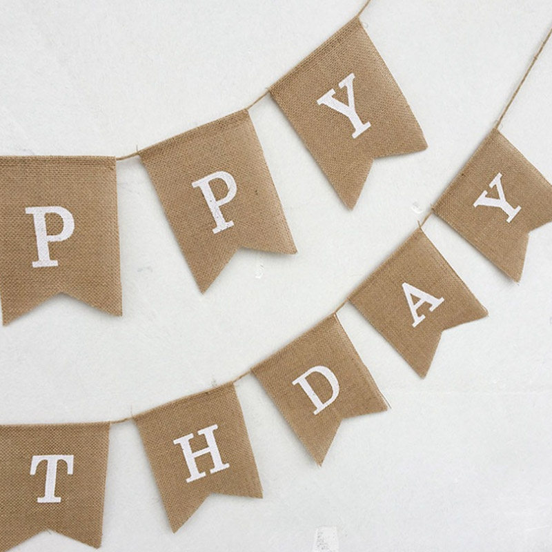 麻布布拉拉花燕尾旗装饰生日快乐派对拉旗布置happybirthday节日装扮