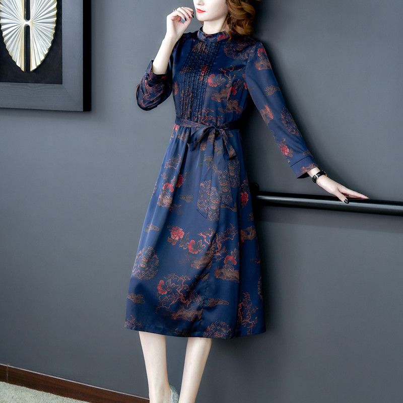 奢华大牌香云纱真丝连衣裙长袖2020春季新款桑蚕丝妈妈装双绉裙子