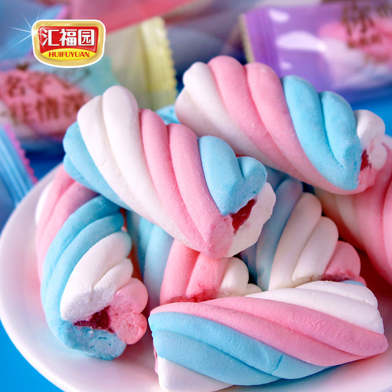 汇福园双色棉花糖麻花扭扭500g散装休闲零食软糖喜糖