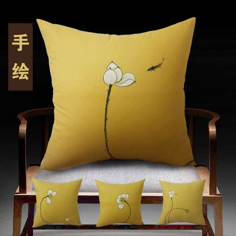 中式高档沙发圈椅古风棉麻禅意手绘黄色新中式靠垫