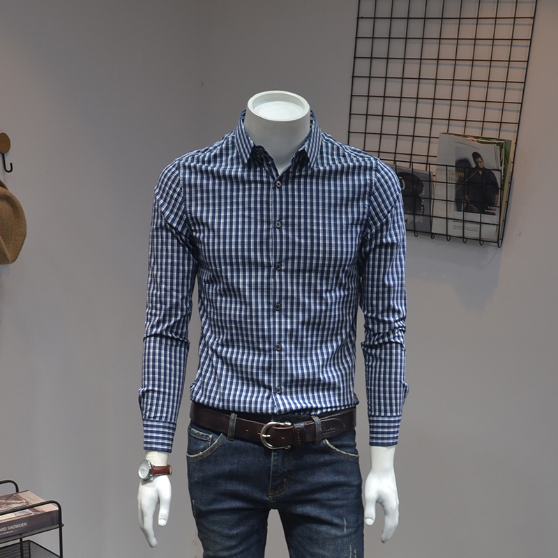 小格子修身版男士衬衣2021秋季韩版商务休闲绅士男长袖衬衫帅气潮