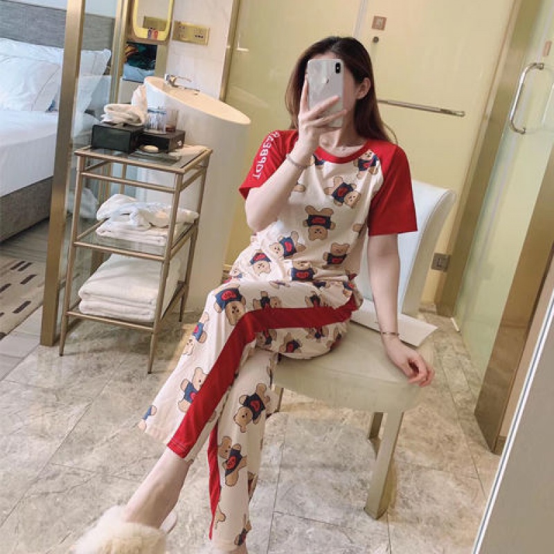 睡衣女夏新款短袖长裤针织棉套头卡通韩版可爱睡衣家居服套装