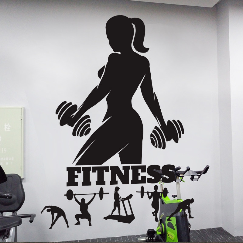 健身房肌肉猛男美女人物运动锻炼贴纸哑铃健美墙贴