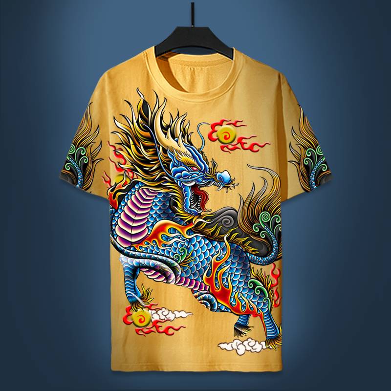 国潮中国风复古麒麟神兽港风打底复古白色男生短袖T恤潮牌T恤潮流