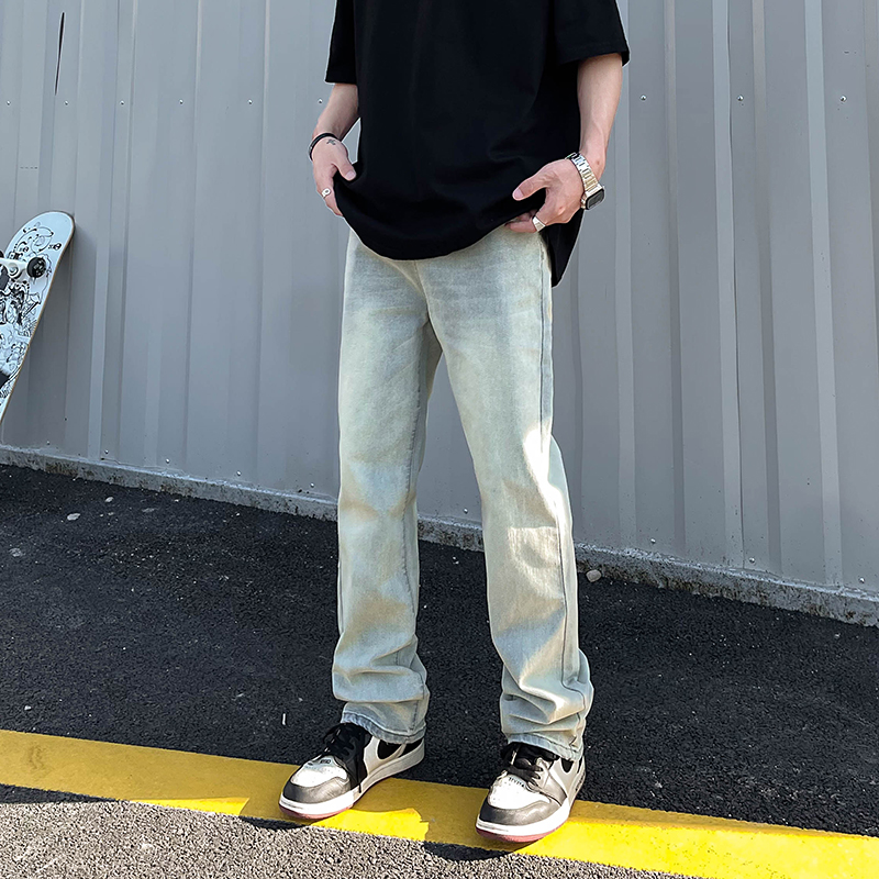 美式复古高街黄泥染水洗做旧牛仔裤男ins潮牌宽松直筒堆积感长裤