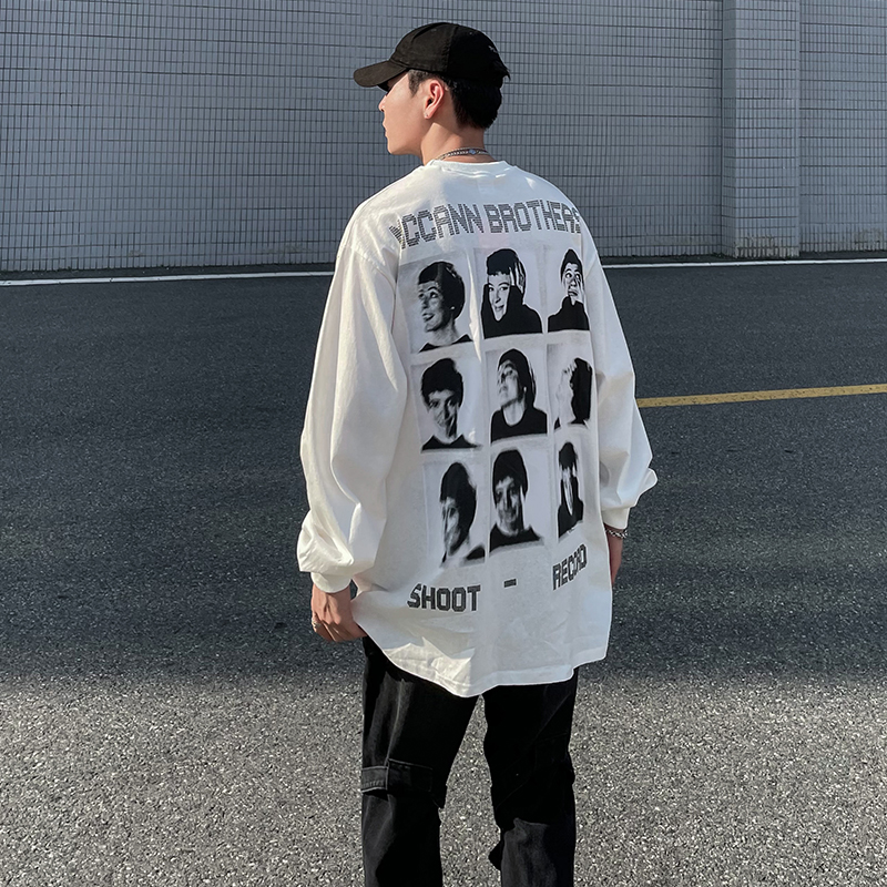 美式高街复古人像印花长袖T恤男ins国潮牌街头宽松欧美hiphop卫衣