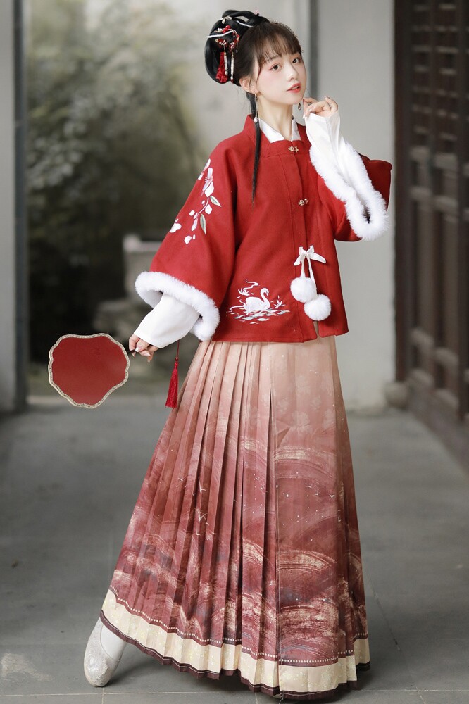 盛凌阁原创冬若明制对襟方领半袖披袄汉女中国风汉服