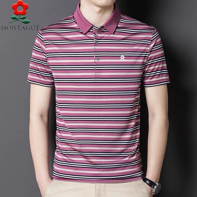 梦特娇男士桑蚕丝短袖T恤夏季条纹中年翻领商务休闲Polo衫上衣男