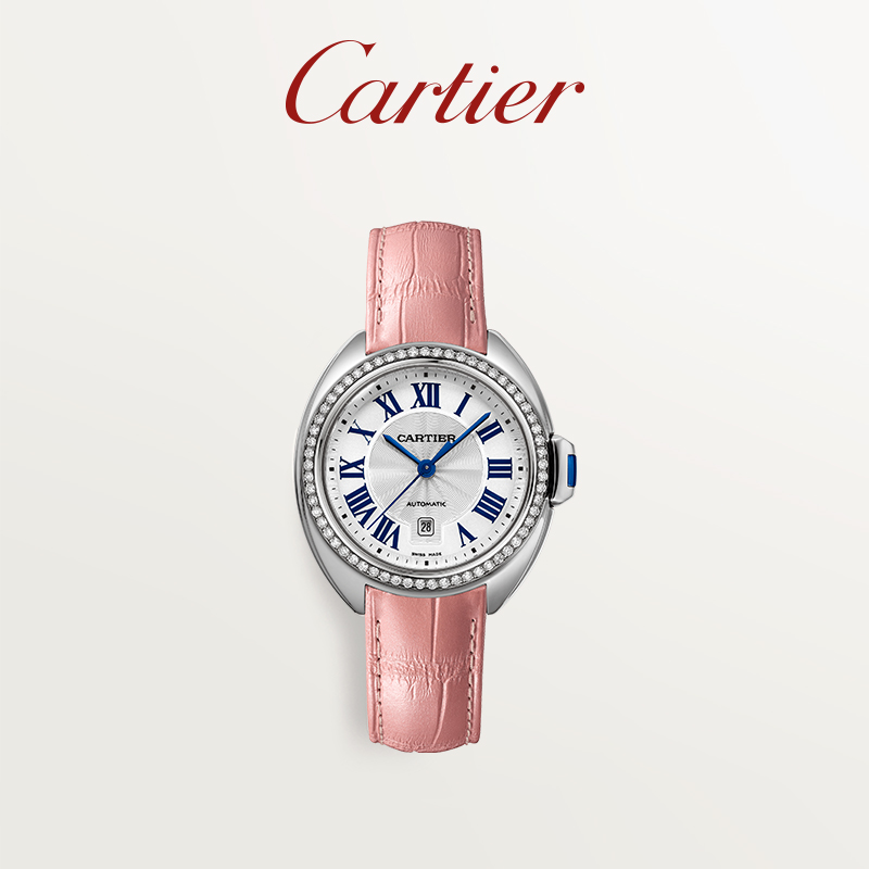 爱打扮(www.idaban.cn)，Cartier卡地亚Clé钥匙系列机械腕表 精钢钻石皮表带手表