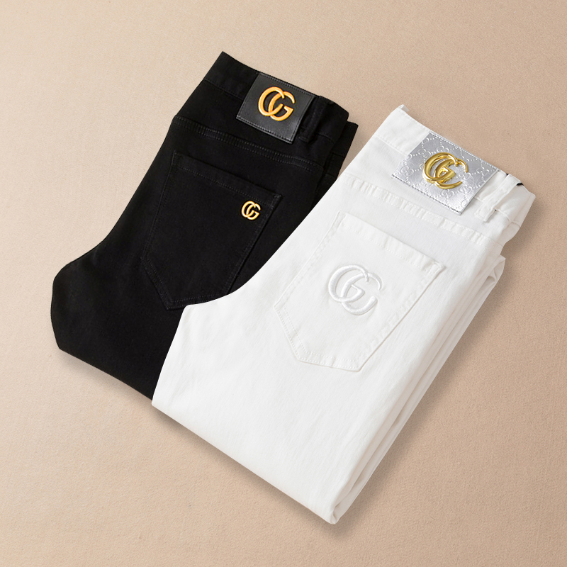 高端春季欧洲站秋冬季白色牛仔裤男潮牌修身小脚弹力丹宁长裤纯棉