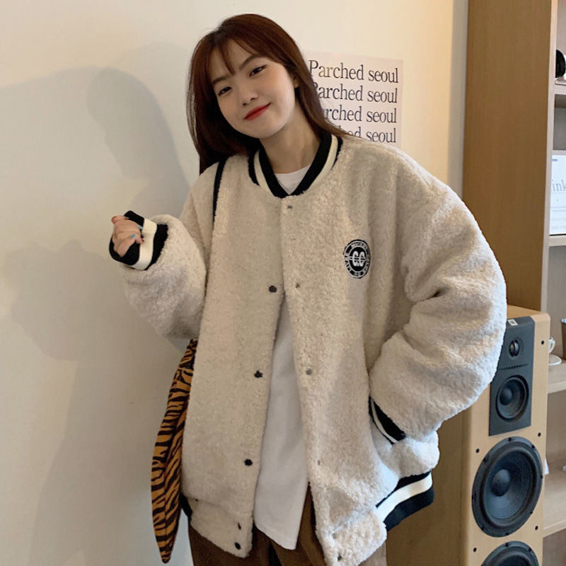 ins潮超火秋冬季加厚羊羔绒棒球服外套女
