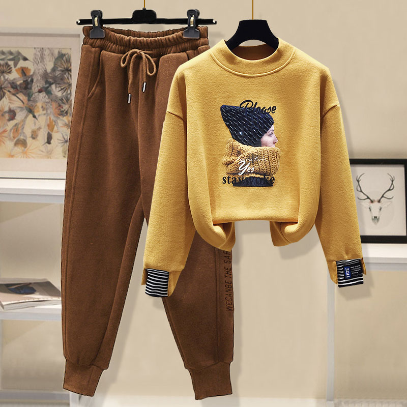 保暖加绒套装冬季重工假两件卫衣女搭配束脚哈伦休闲裤卫裤两件套
