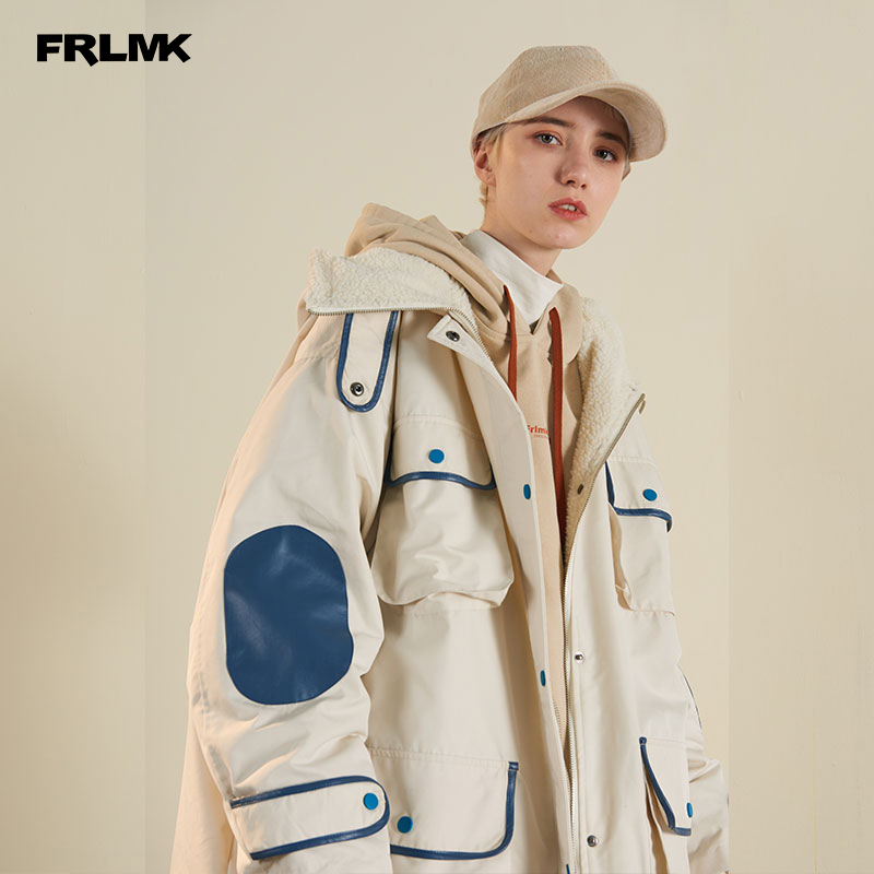 FRLMK/弗然克/囯潮牌袁一琦同款嘻哈情侣白蓝包边羊羔绒外套棉服