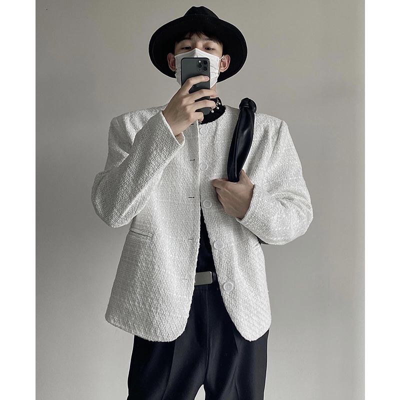 MANSON 秋冬白色无领休闲轻熟外套男女夹克小香风权志龙同款西装