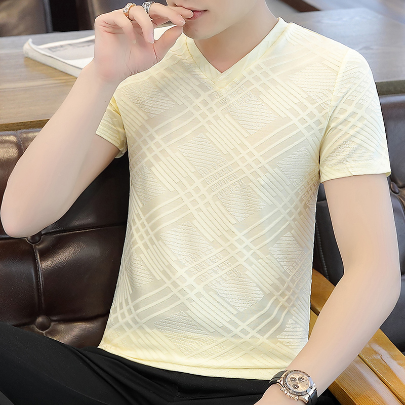 冰丝短袖T恤男夏季薄款V领镂空半袖汗衫潮流修身纯色夏装上衣服