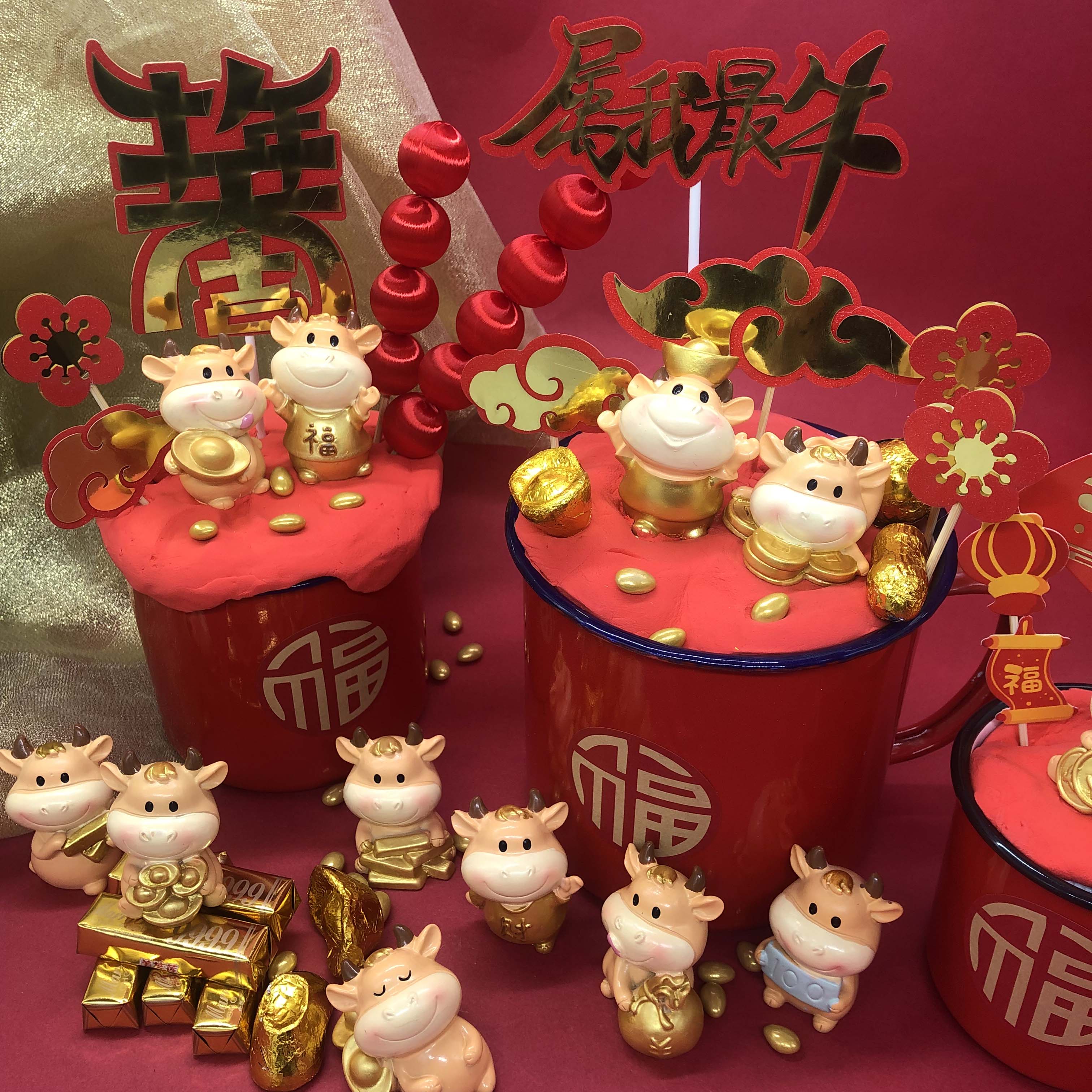 新年装饰生肖小牛蛋糕摆件2021烘焙甜品牛年节日装扮用品