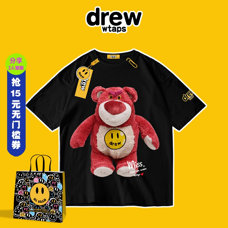 drew hello旗舰店草莓熊ins潮牌欧美高街笑脸黑色情侣短袖T恤男夏