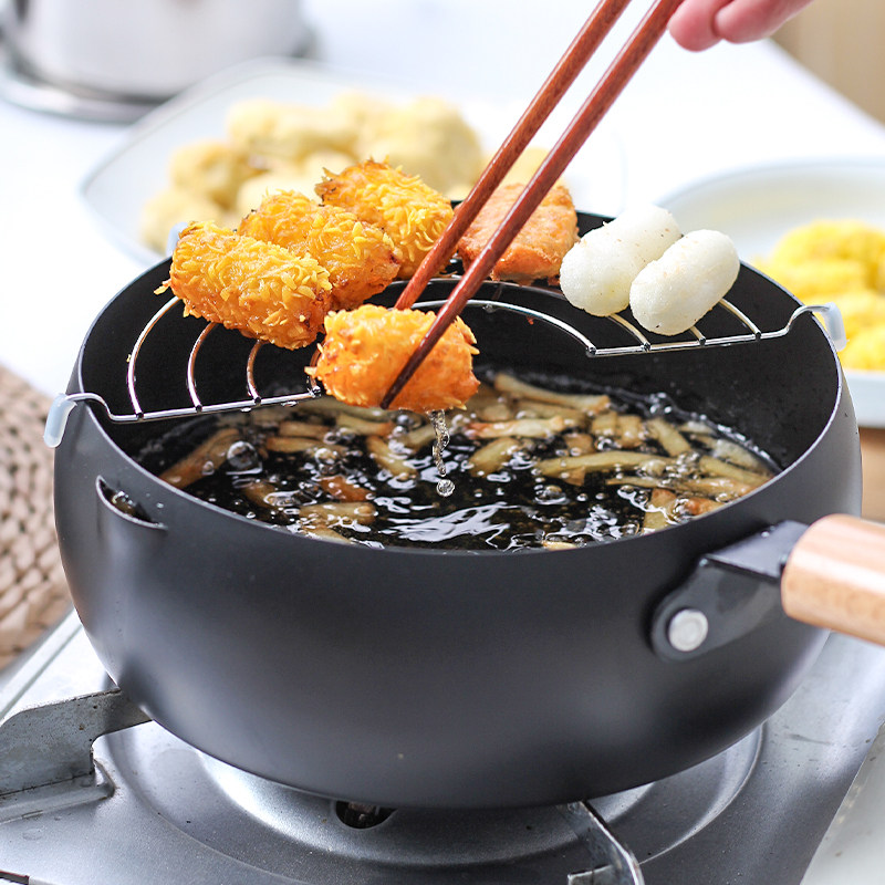 天妇油炸锅单柄家用小省油不粘深日式油锅电磁炉煎锅
