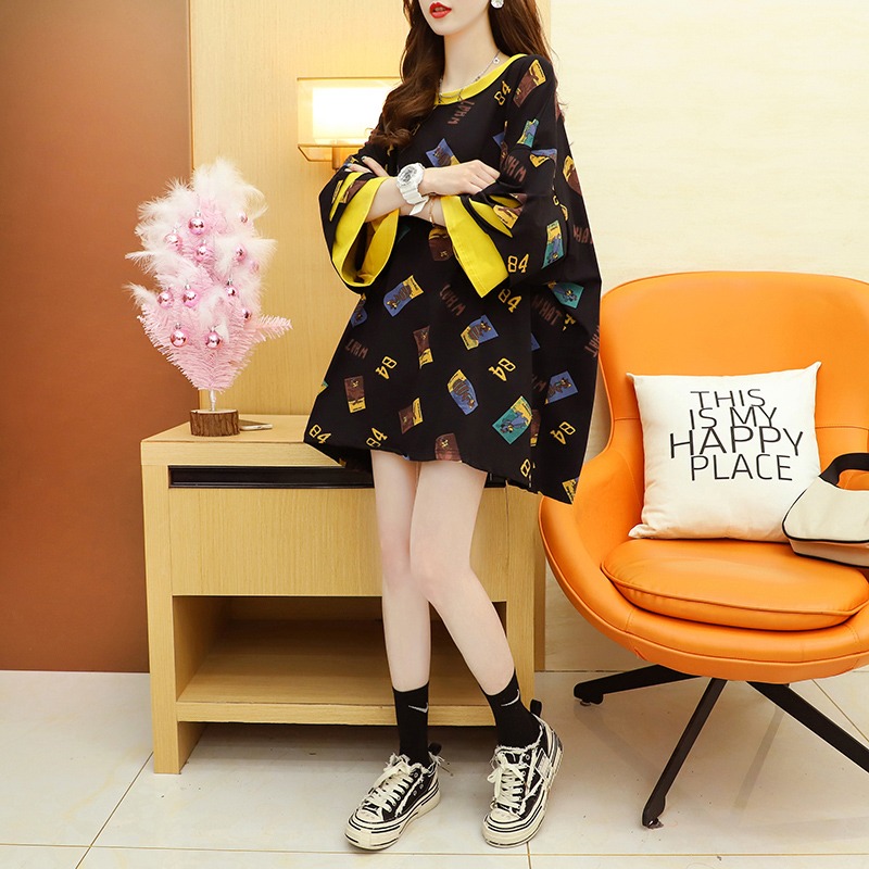 潮牌2022夏季新款女装洋气时尚假两件印花上衣宽松中长款显瘦T恤