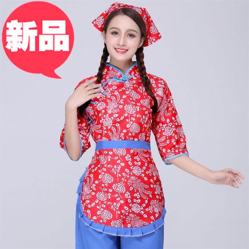 村姑2021长袖碎花手绢衣服演出服乡下乡村女新款民族服装