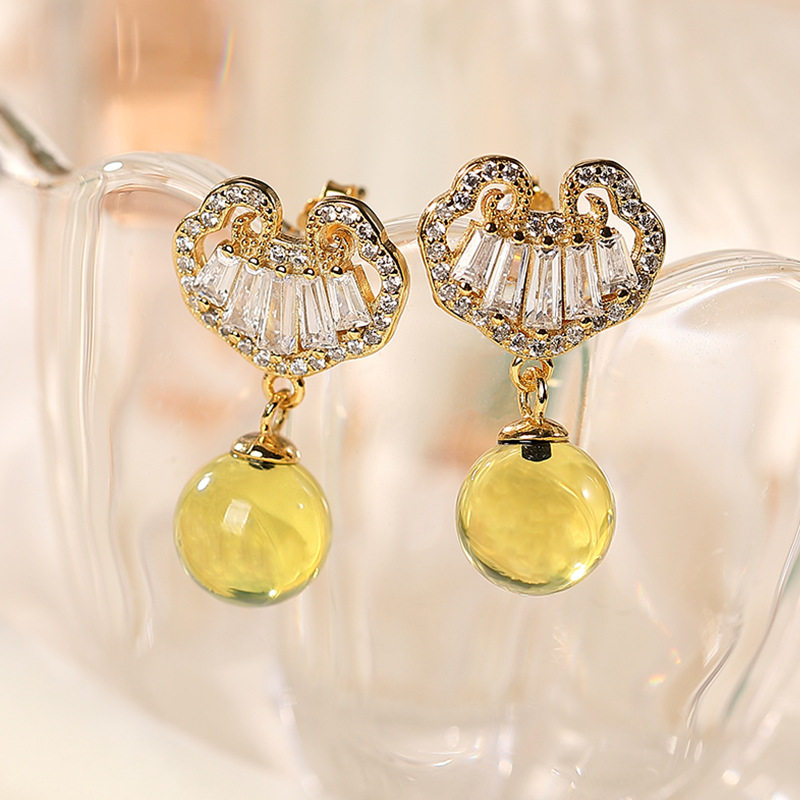 jian纯银镀金天然蓝珀耳钉个性气质镂空如意耳钉