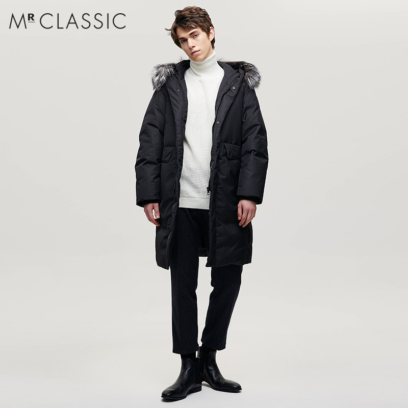 mrclassic百家好大毛领羽绒服男士中长保暖羽绒服