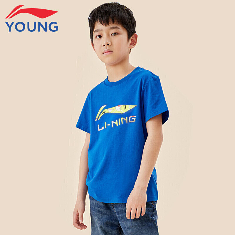 李宁童装短袖t恤男大童夏季短袖棉质透气时尚儿童舒适短袖文化衫
