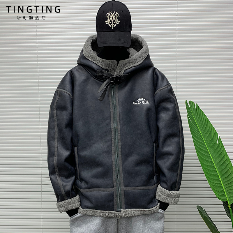 羊羔毛外套男加绒加厚冬季棉服宽松PU皮毛一体棉衣羊羔绒棉袄男潮