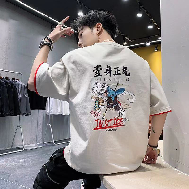 潮牌2022夏季新款t恤短袖男白色潮流百搭宽松国潮白虎打底衫半袖