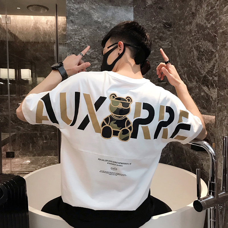 潮牌短袖男2022新款ins网红小熊刺绣t恤宽松夏季ins潮流百搭体恤