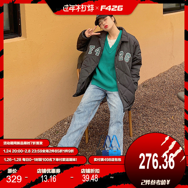 【F426官方店】国潮牌情侣嘻哈秋冬格子绗棉贴布LOGO棉服宽松外套