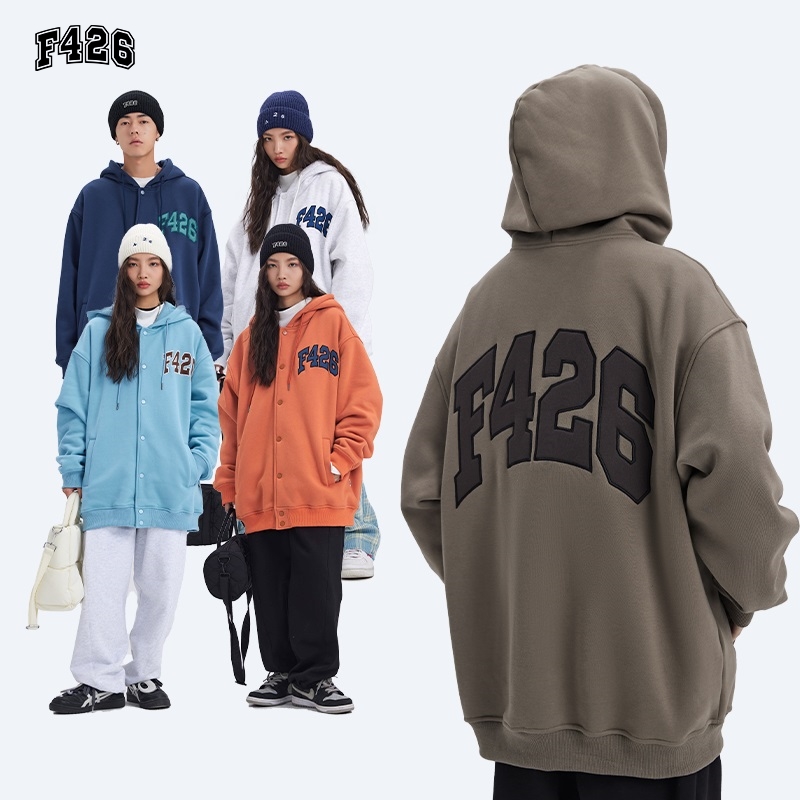 【F426官方店】国潮牌情侣街头嘻哈后背大logo贴布敲扣开衫外套春