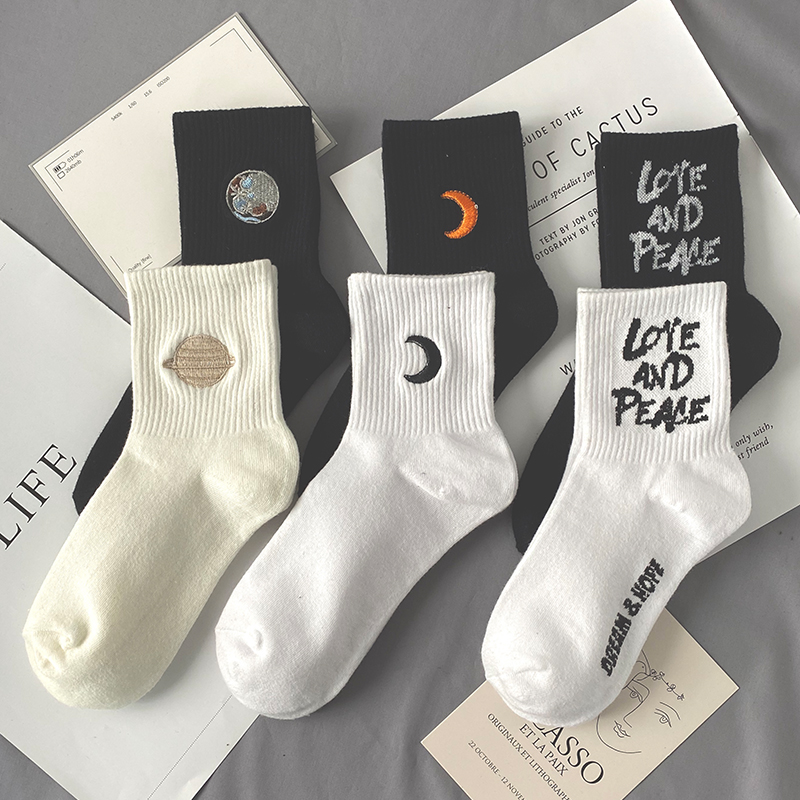 黑白袜子女中筒袜春秋ins潮运动高腰长袜男秋冬纯棉防臭吸汗长筒