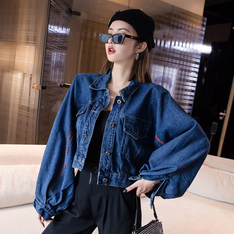 短款刺绣蝙蝠牛仔外套女春2021春季新款bf短外套