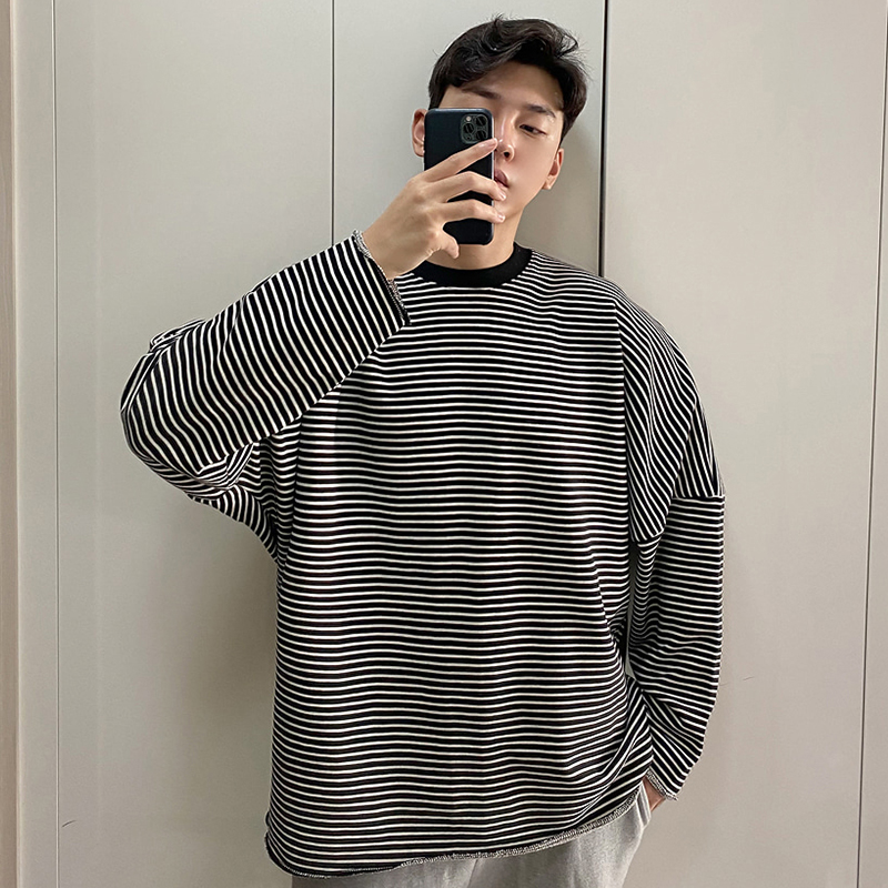 春季新款长袖t恤男休闲帅气学生条纹卫衣宽松百搭韩版潮流打底衫