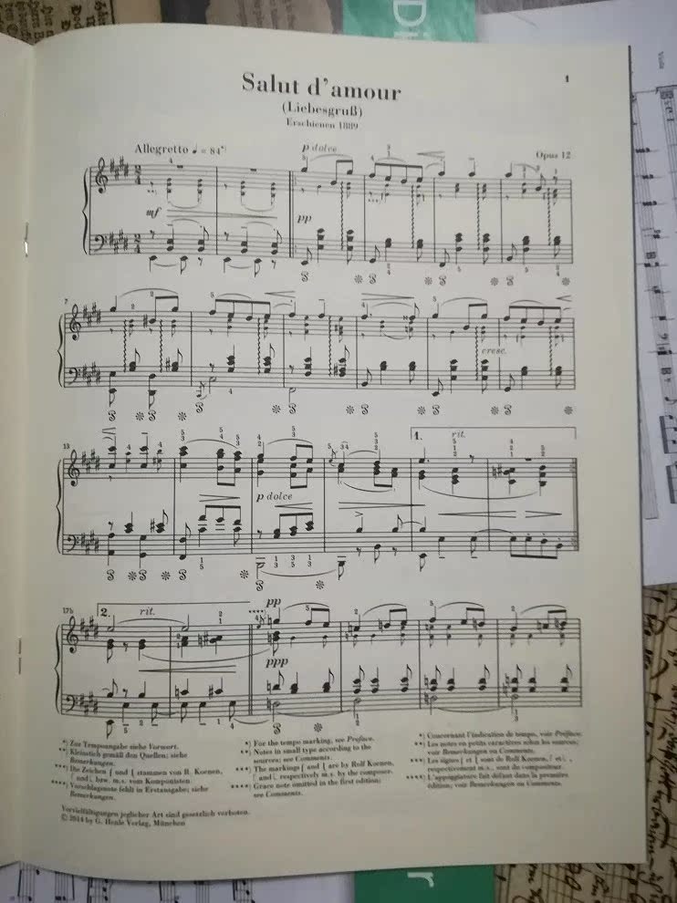 埃尔加 爱的致意op12 钢琴独奏带指法 德国亨乐原版乐谱书 elgar