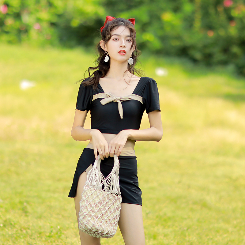 法式复古拼色心机韩版chic初恋桔梗分体性感分体泳衣