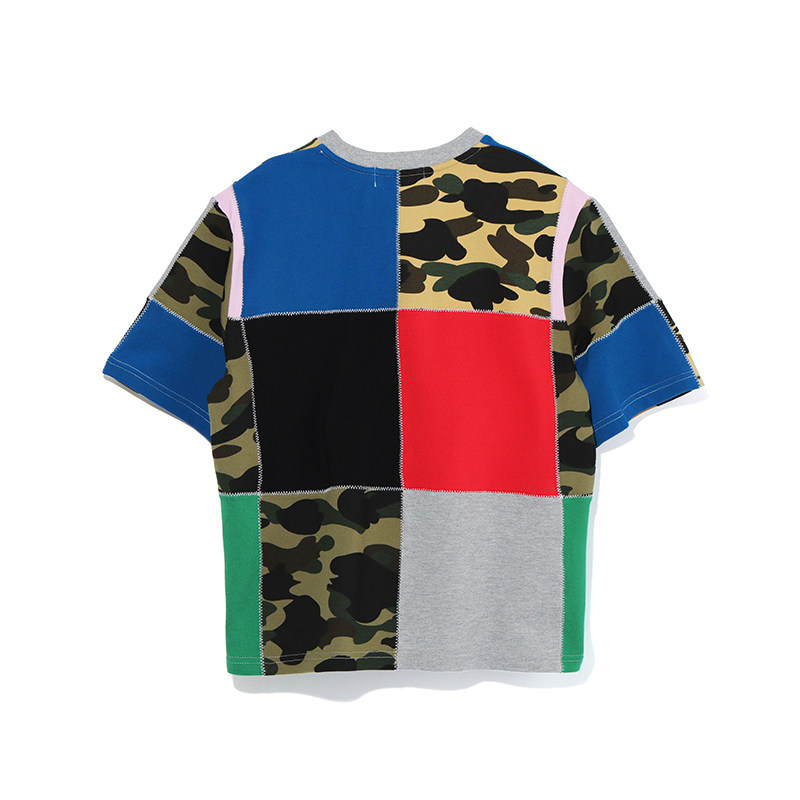 bape女装春夏猿人头刺绣徽章图案迷彩色块拼接短袖t恤209504e
