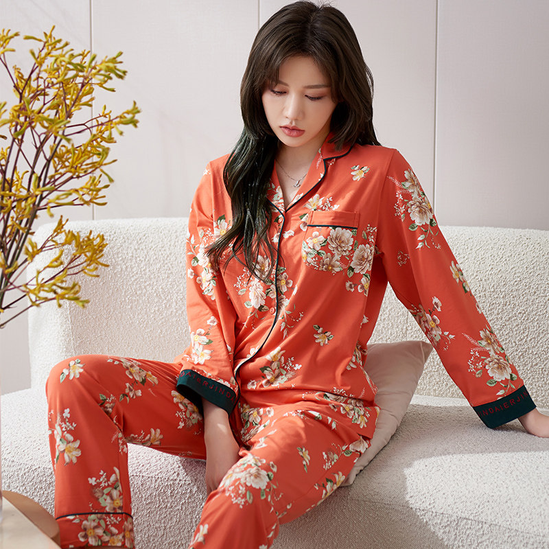 睡衣女春秋季新款长袖印花丝光棉秋天女款女式中年妈妈家居服套装