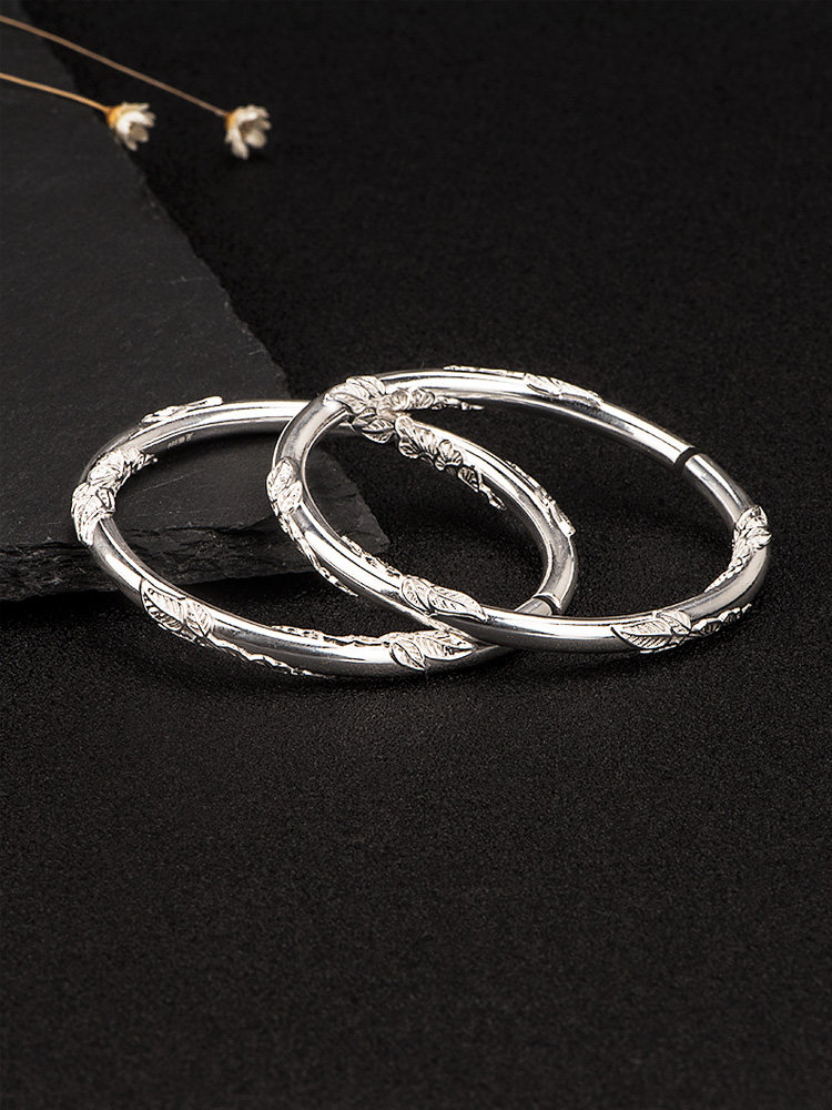 手镯纯银牡丹绕花女简约时尚银饰圆棍实心足银手镯