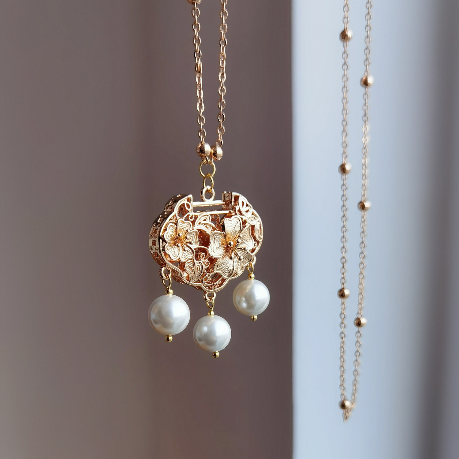 念念桃花保色铜古风长命锁项圈金锁吊坠璎珞项链汉服平安锁女原创