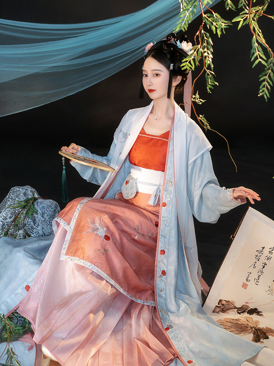 钟灵记-渔越歌:汉服长褙子宋制飞机袖宋抹吊带百迭裙两片裙春夏